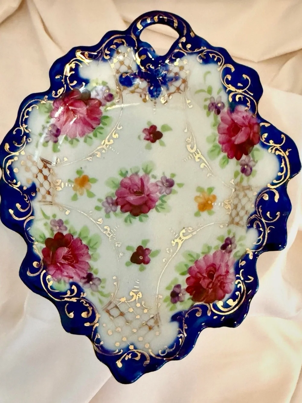 Vintage Hand-Painted Floral Porcelain Trinket dish Blue and Pink.